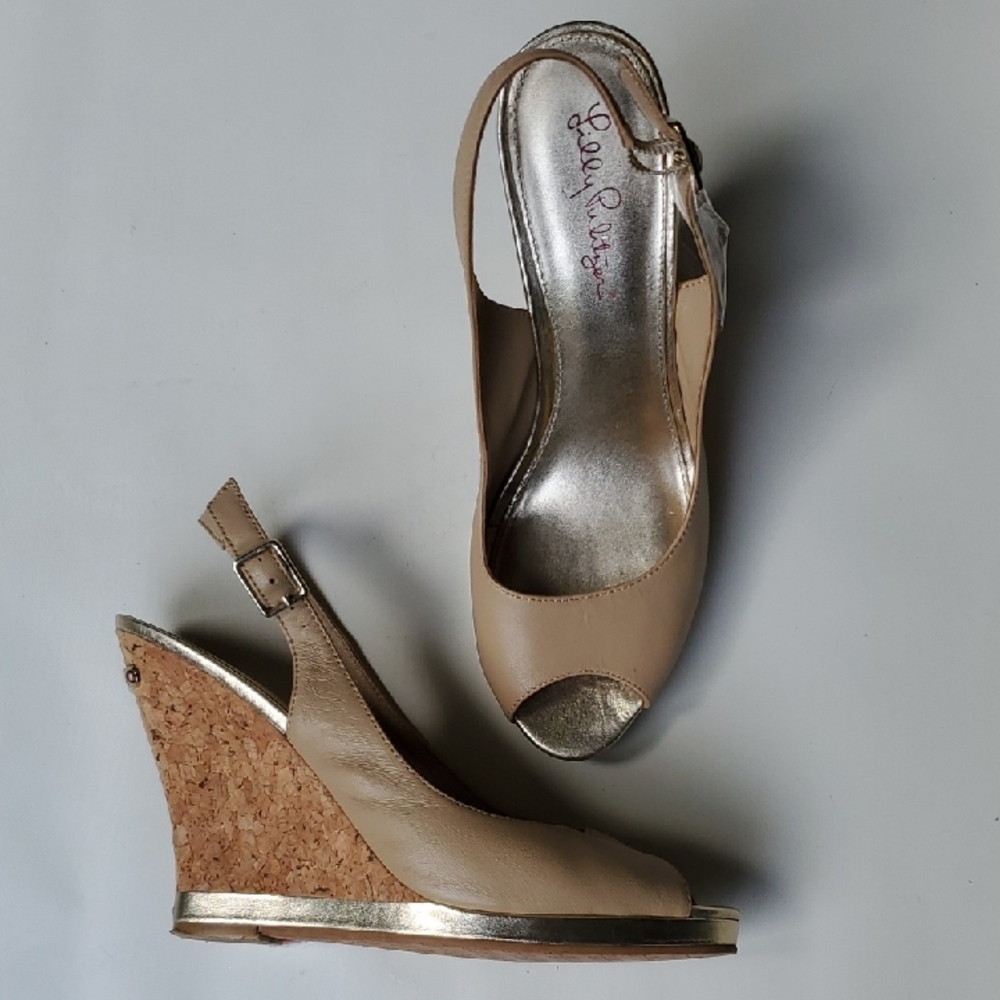 Lilly Pulitzer Kristen Beige and Gold Wedge Sandals
